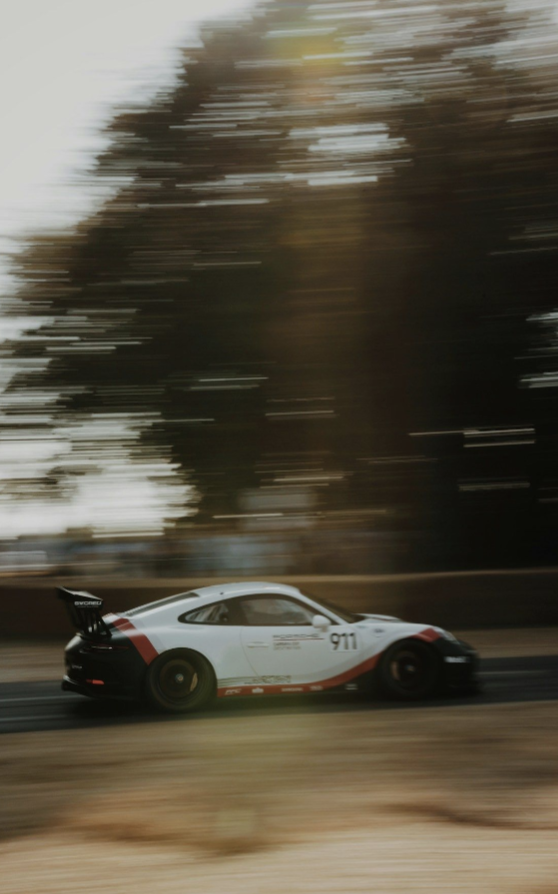 a white race car speeding